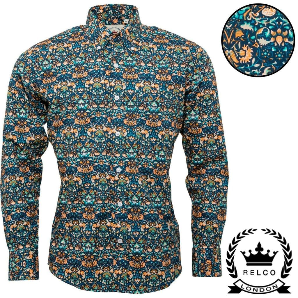 Relco Men's Blue Floral Premium Cotton Long Sleeve Button Down Collar Shirt